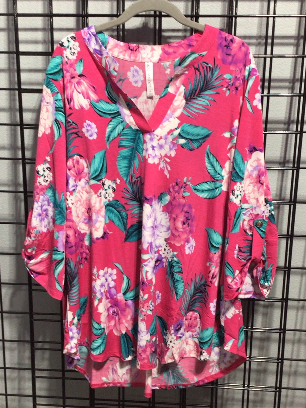 Floral V-Neck Roll-Sleeve Tunic in Hot Pink